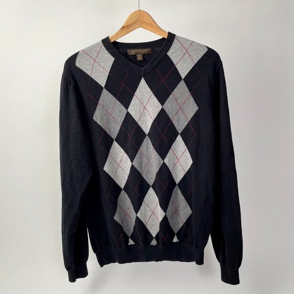 Sebastian Cooper Cashmere Cotton Blend V Neck Argyle Sweater Black Grey, Size M - Picture 1 of 5